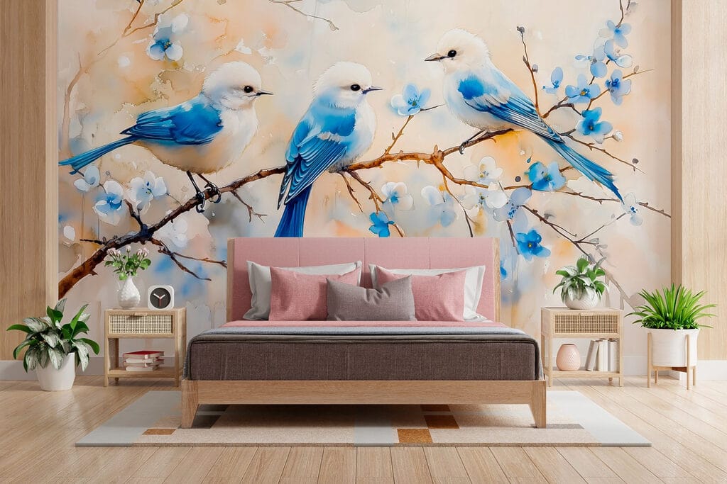 Groep blauwe vogels op een tak — interieur 2