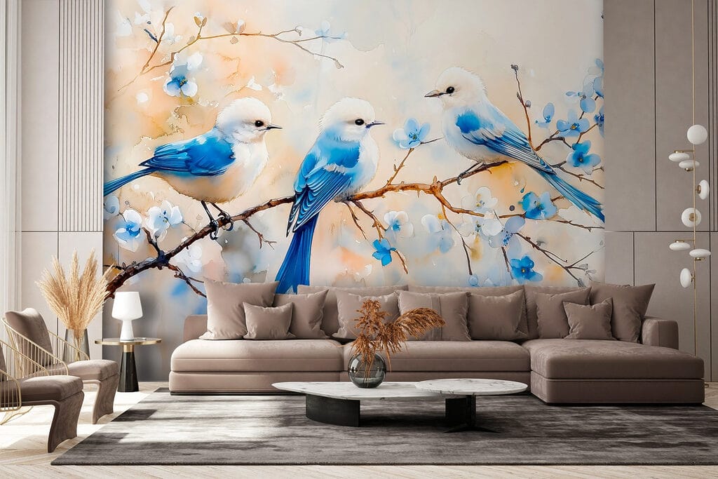 Groep blauwe vogels op een tak — interieur 3