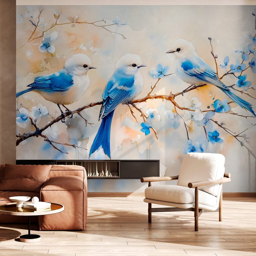Groep blauwe vogels op een tak — interieur 4