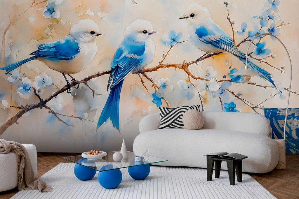 Groep blauwe vogels op een tak — interieur 5