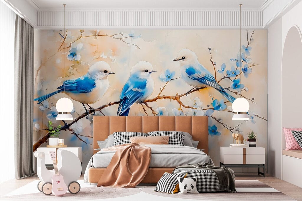 Groep blauwe vogels op een tak — interieur 6
