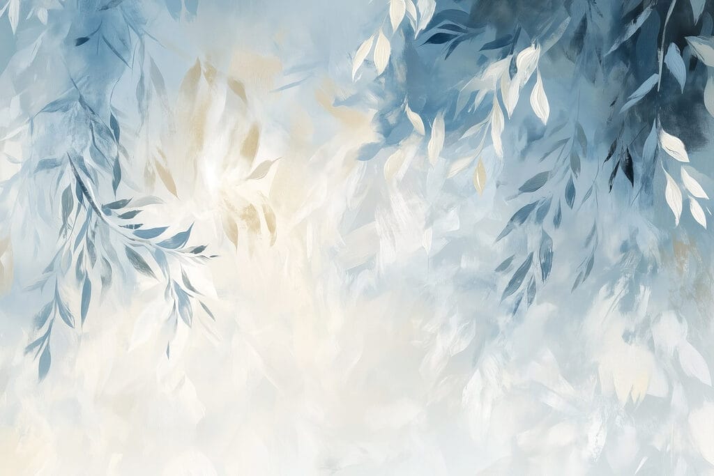 Blauwe en witte achtergrond met bladeren — volledig ontwerp