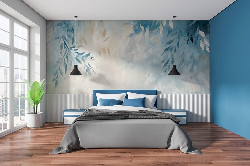 Blauwe en witte achtergrond met bladeren — interieur 1