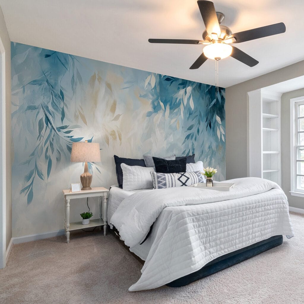 Blauwe en witte achtergrond met bladeren — interieur 2