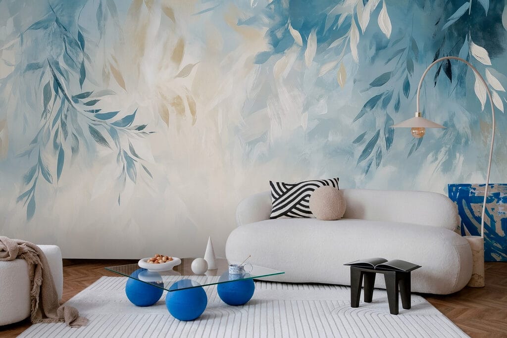 Blauwe en witte achtergrond met bladeren — interieur 3