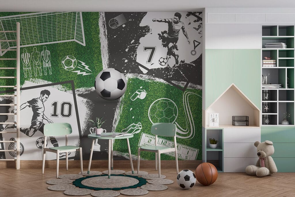 Voetbalactie op het veld in een interieur