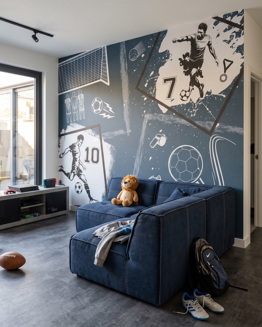 Voetbalprenten in staalblauw — interieur 1