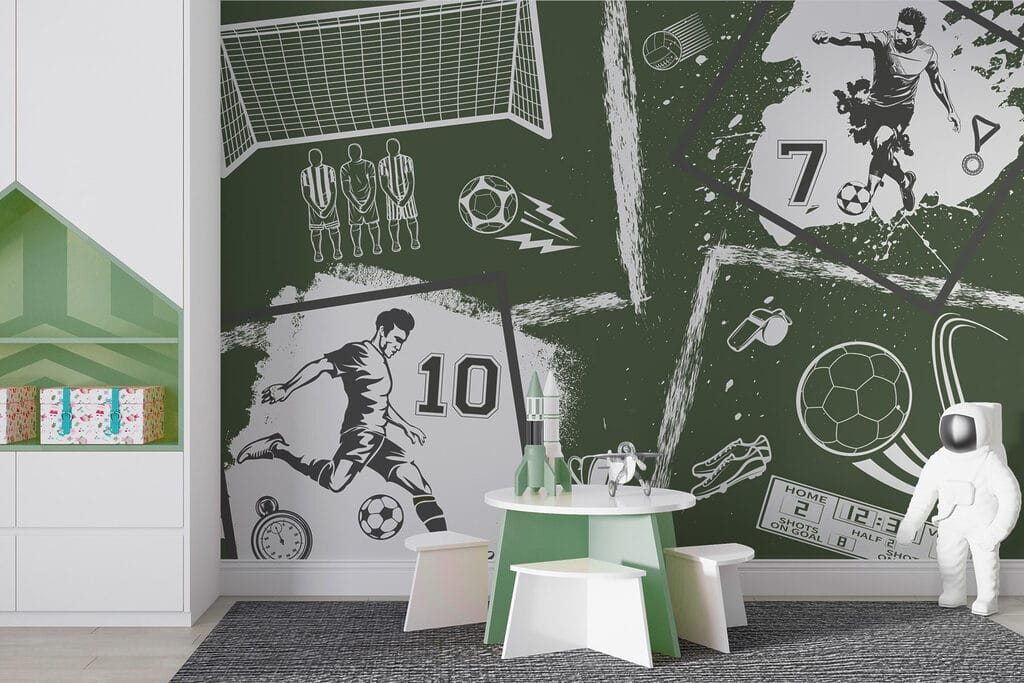 Collage van verschillende sportbeelden in een interieur