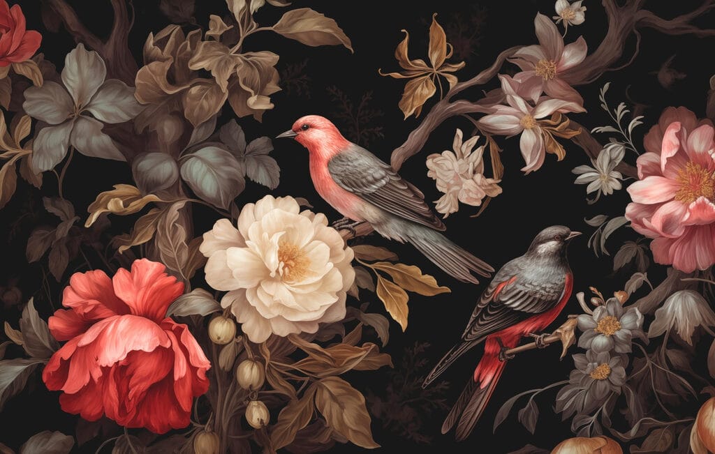 Vogels tussen donkere bloementakken — volledig ontwerp