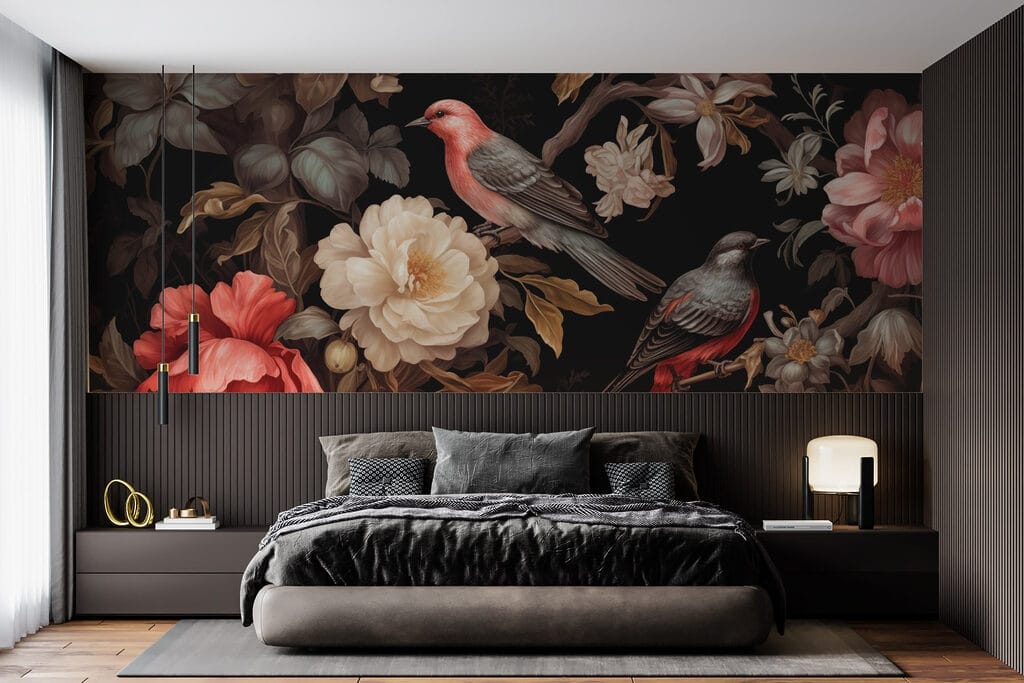 Vogels tussen donkere bloementakken — interieur 1