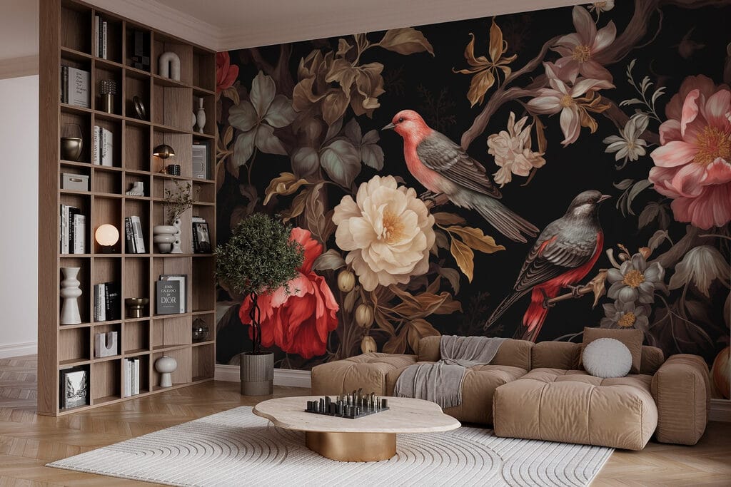 Vogels tussen donkere bloementakken — interieur 2