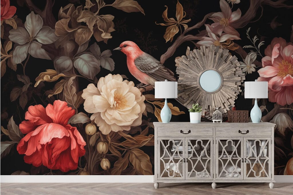 Vogels tussen donkere bloementakken — interieur 3