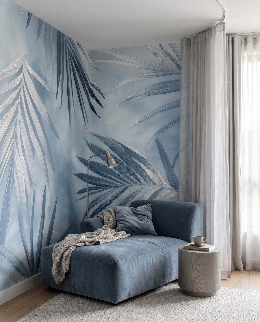 Blauwe palmbladeren kruisen elkaar — interieur 3