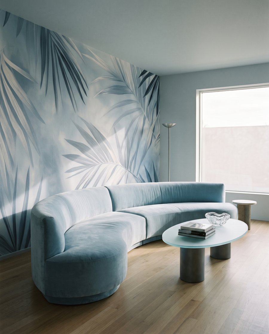Blauwe palmbladeren kruisen elkaar — interieur 4