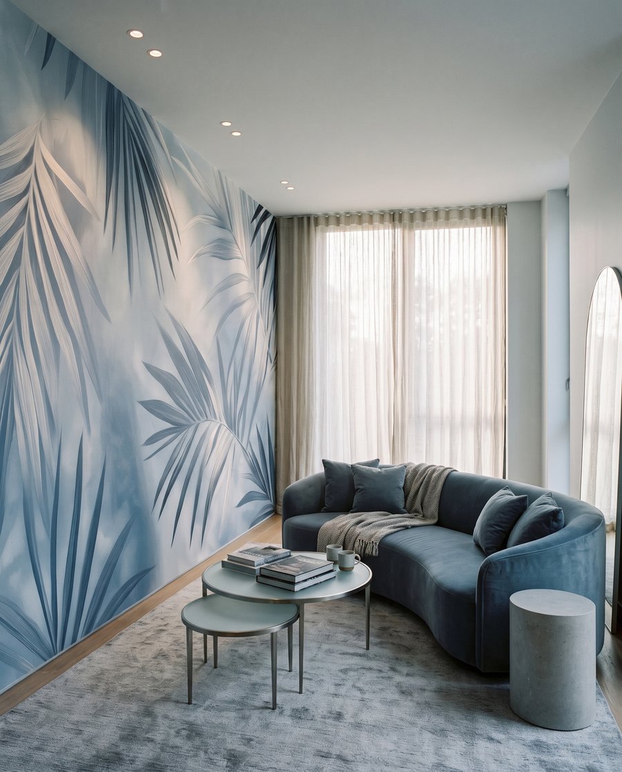 Blauwe palmbladeren kruisen elkaar — interieur 5