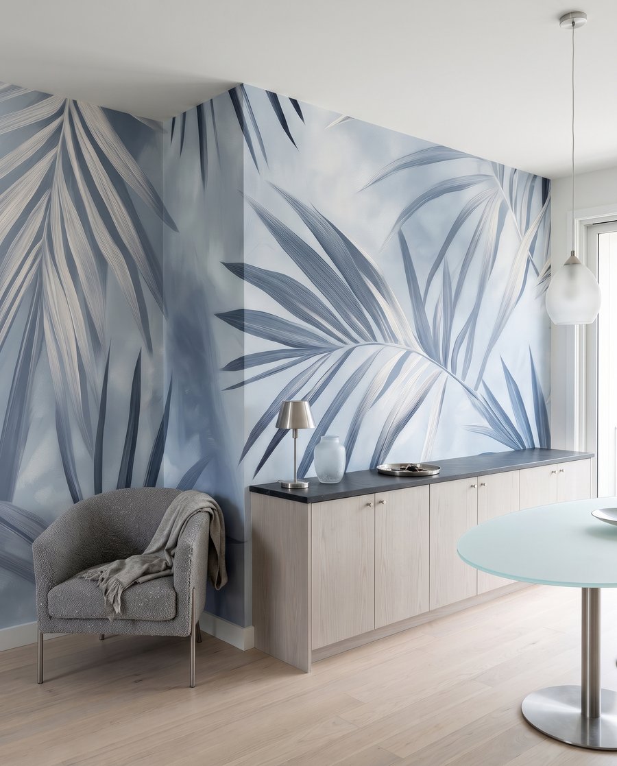 Blauwe palmbladeren kruisen elkaar — interieur 1