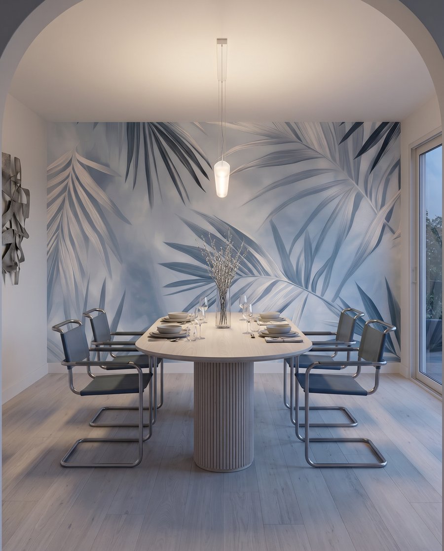 Blauwe palmbladeren kruisen elkaar — interieur 6