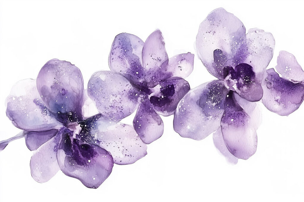 Paarse orchideeën in aquarel — volledig ontwerp