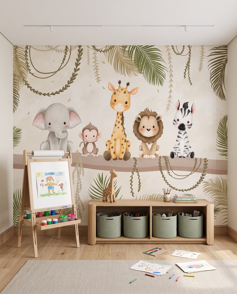 Groep dieren zittend op een tak in een interieur