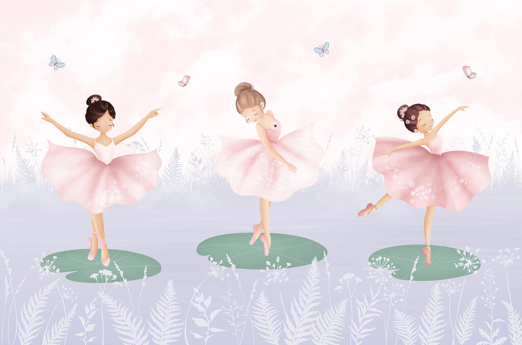 Drie ballerina's op waterlelies — volledig ontwerp