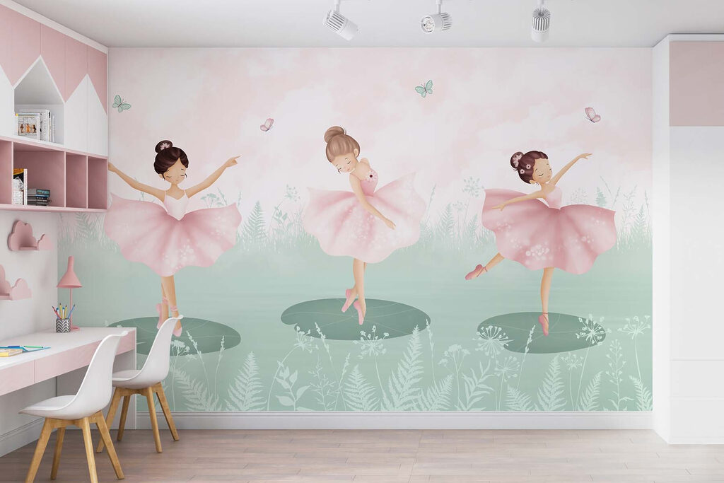 Groep dansende meisjes in een veld in een interieur