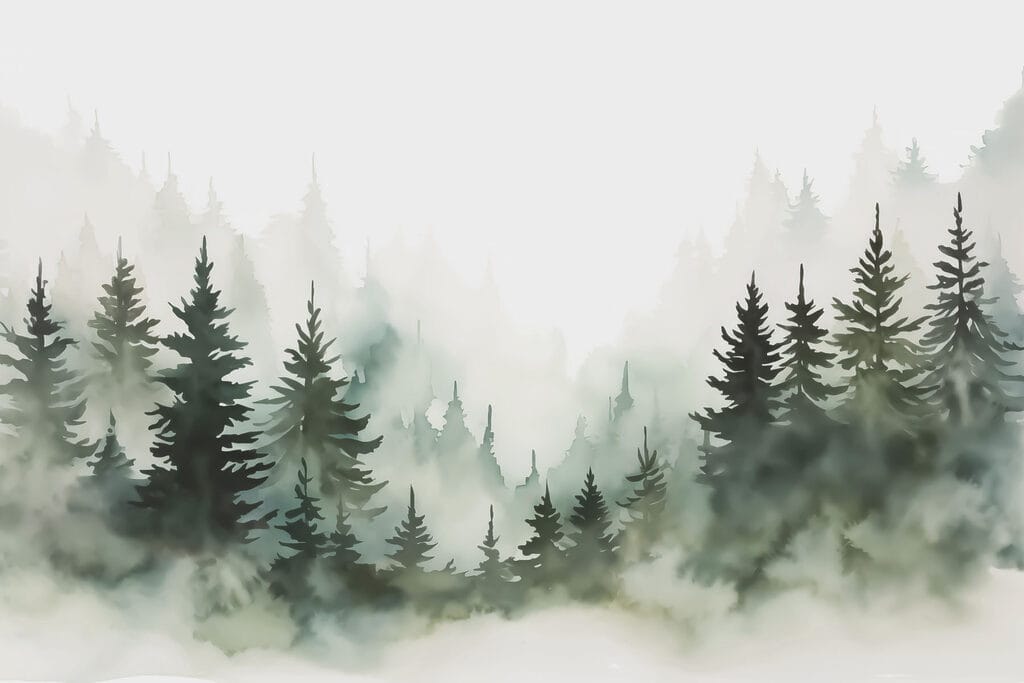 Groene dennen rondom mist — volledig ontwerp