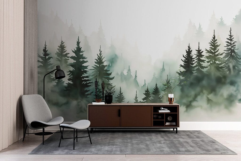 Groene dennen rondom mist — interieur 1