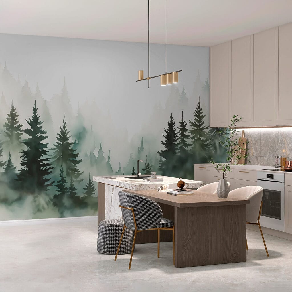 Groene dennen rondom mist — interieur 2