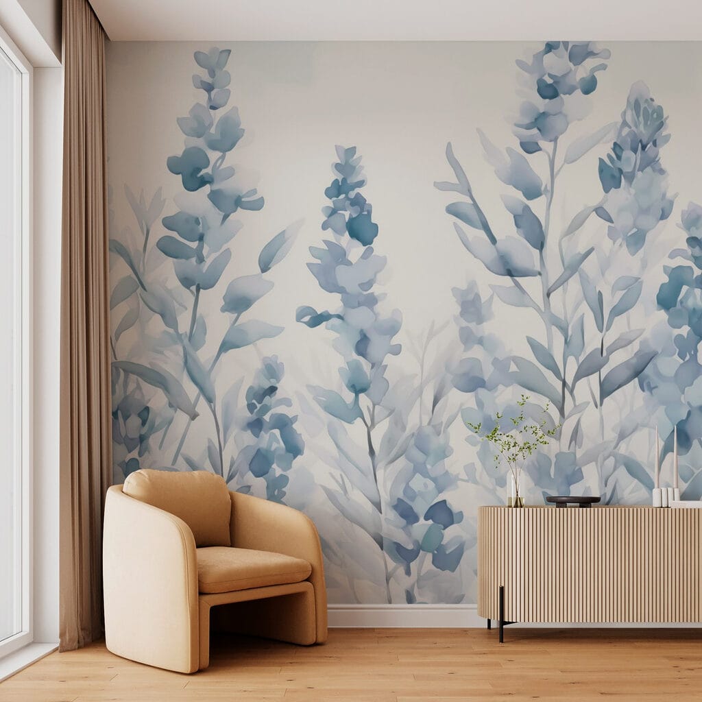 Schilderij van bloemen en bladeren in een interieur