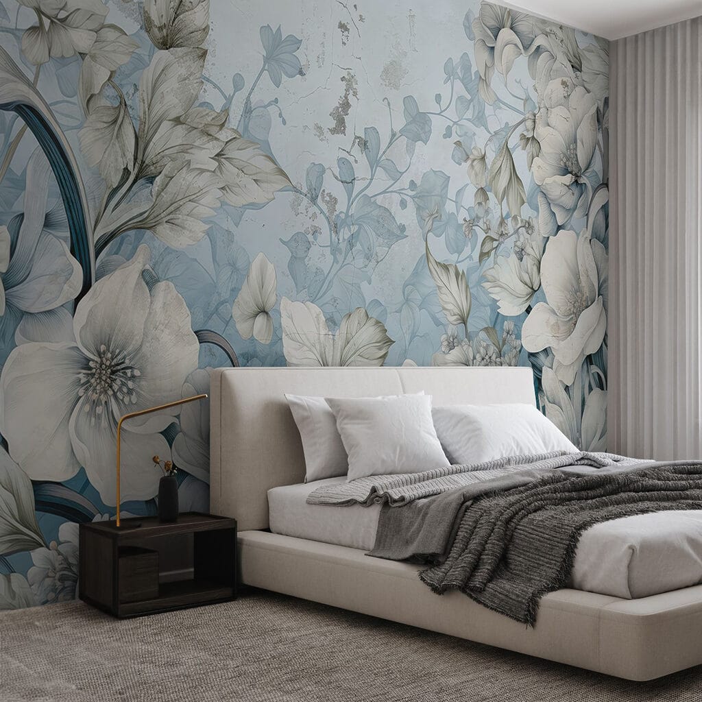 Witte bloementuin op lichtblauw — interieur 1