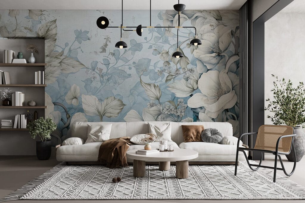 Witte bloementuin op lichtblauw — interieur 3