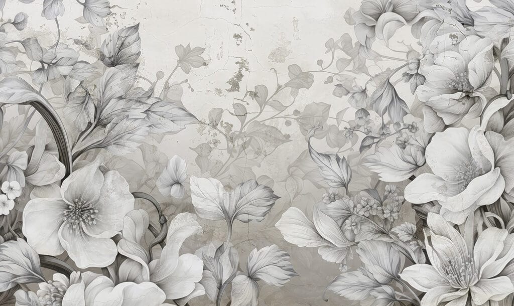 Bloemen in grijze gravurelijnen — volledig ontwerp