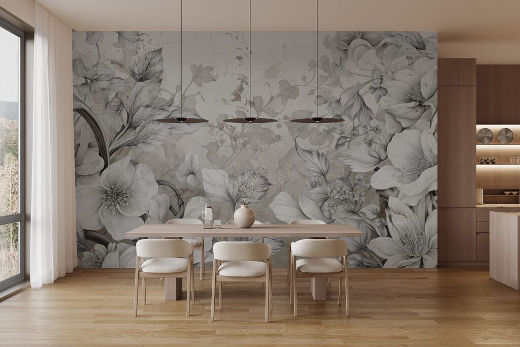 Bloemen in grijze gravurelijnen — interieur 2