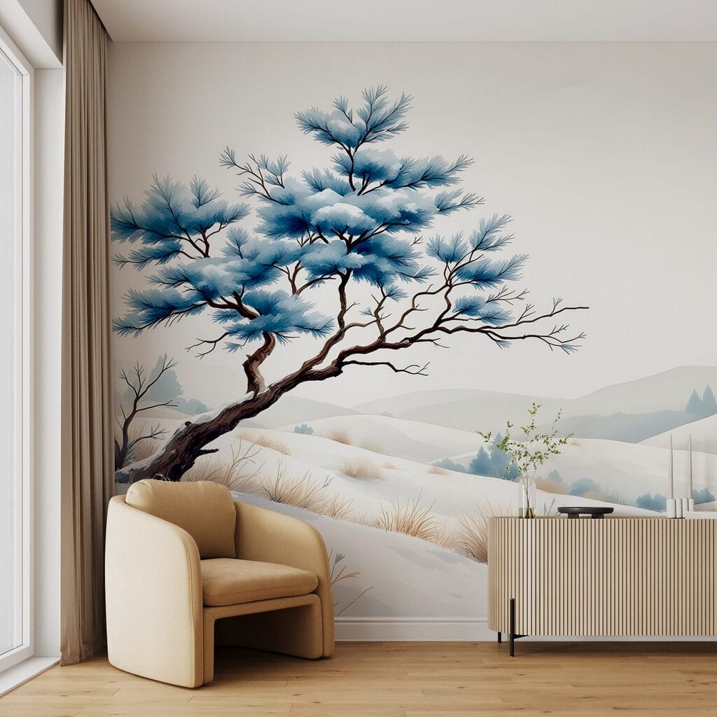 Blauwe den boven sneeuwheuvels — interieur 1