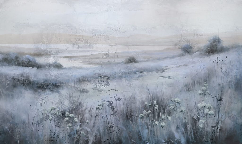 Blauwe velden in ochtendwaas — volledig ontwerp