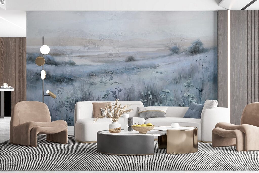 Schilderij van een grasveld en een rivier in een interieur