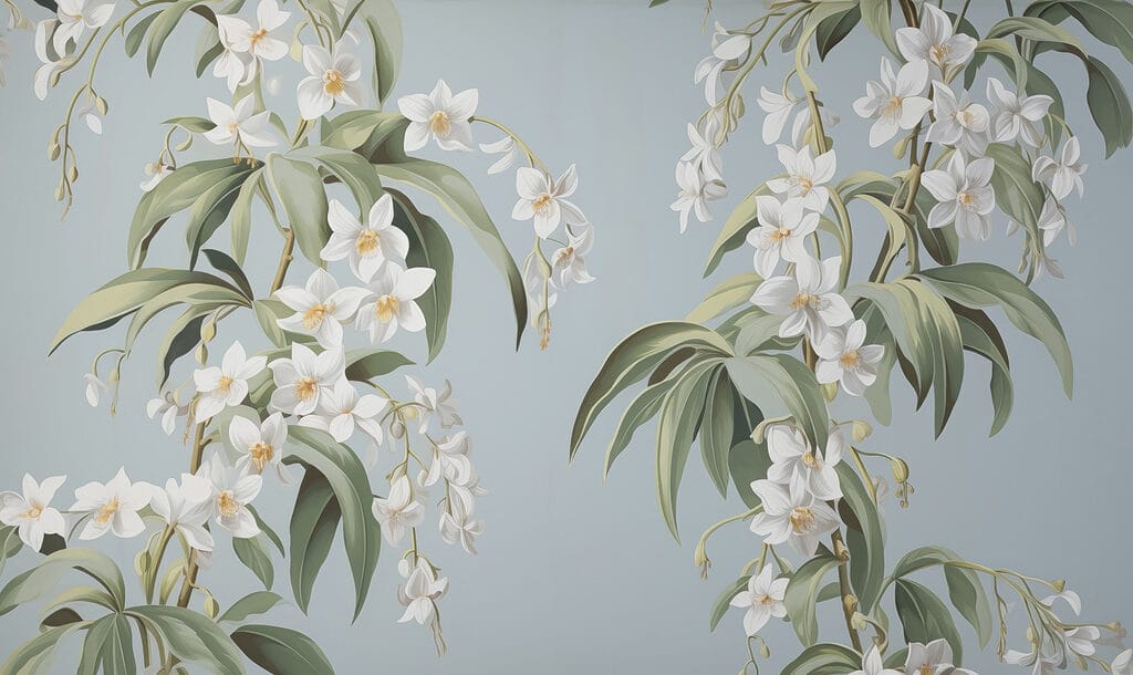 Witte bloemtakken op staalblauw — volledig ontwerp