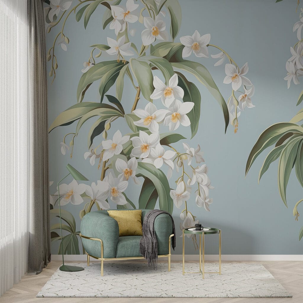 Witte bloemtakken op staalblauw — interieur 1