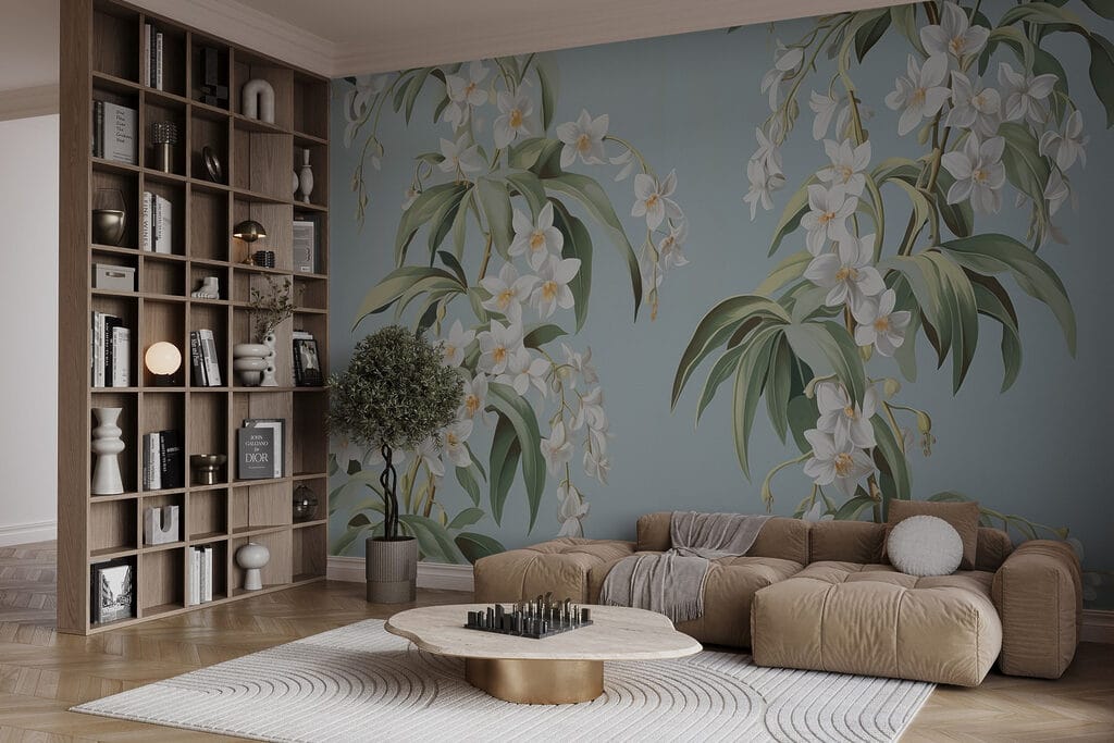 Witte bloemtakken op staalblauw — interieur 2