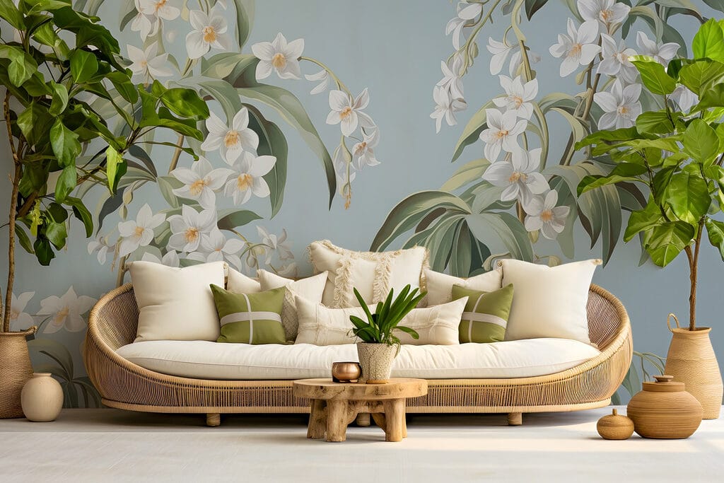 Witte bloemtakken op staalblauw — interieur 3