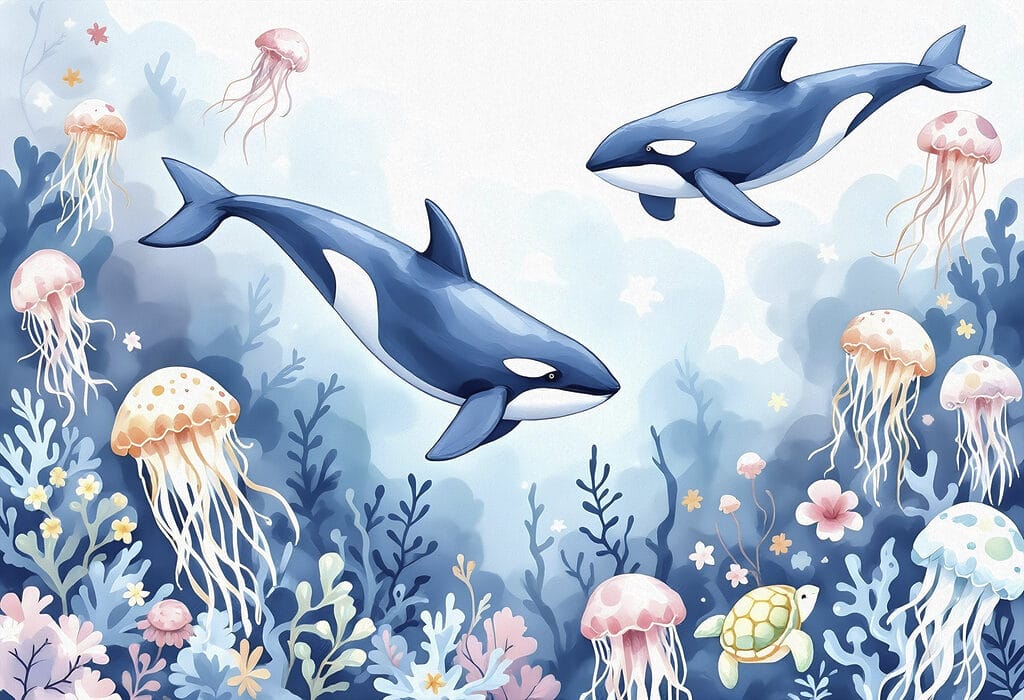 Walvis en schildpad zwemmen in de oceaan — volledig ontwerp