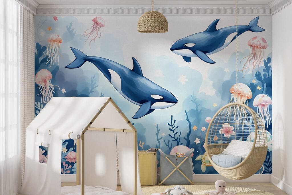 Walvis en schildpad zwemmen in de oceaan in een interieur