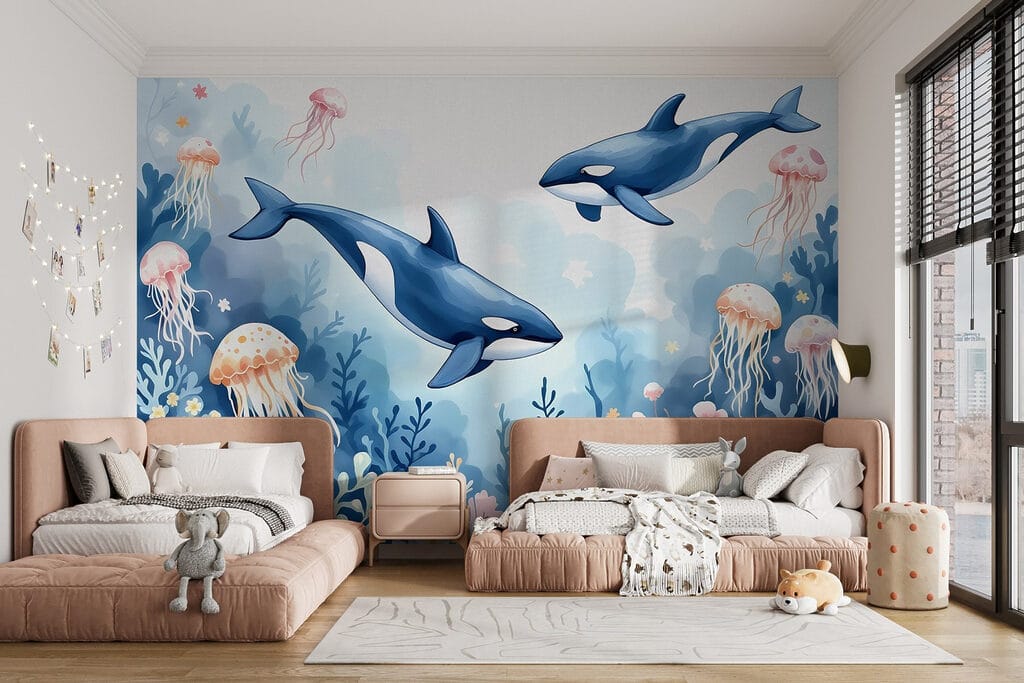 Walvis en schildpad zwemmen in de oceaan — interieur 2
