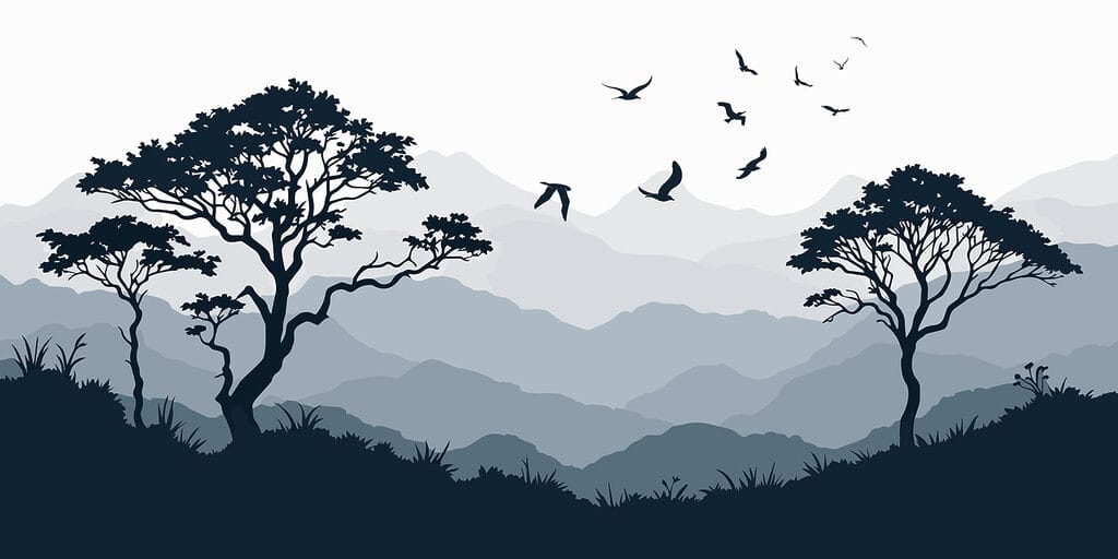 Vogels boven donkere boomkruinen — volledig ontwerp