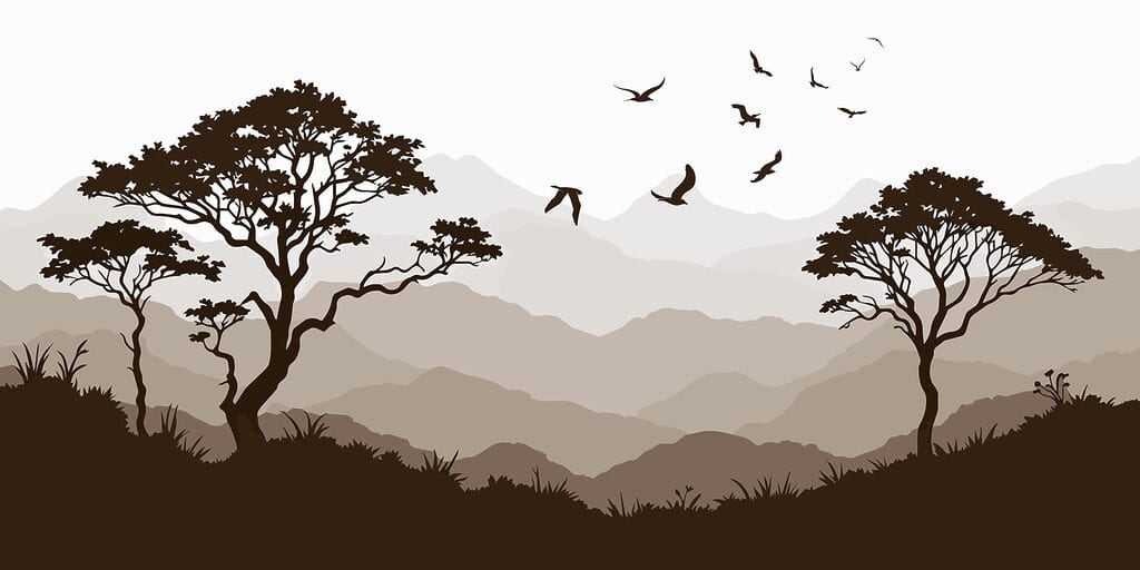 Vogels boven stille boomsilhouetten — volledig ontwerp