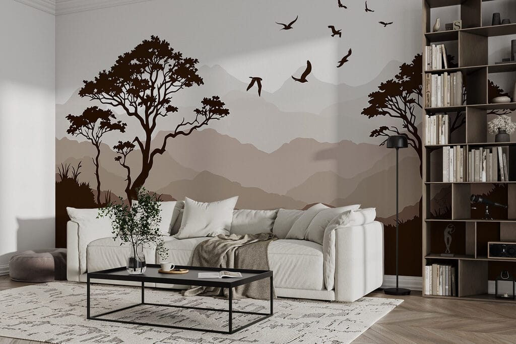 Vogels vliegen over een bergketen in een interieur