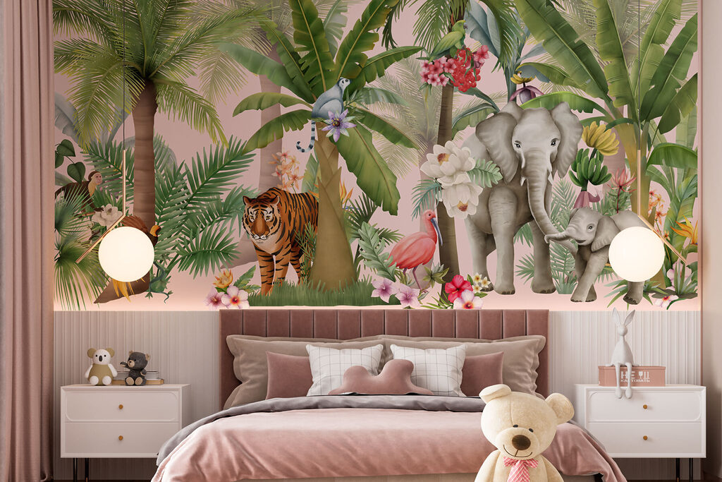 Tropisch tafereel met speelse dieren in een interieur