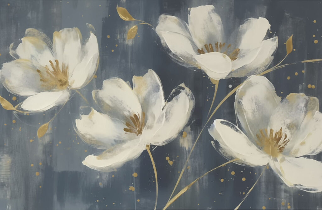 Witte bloemen met verfspatten — volledig ontwerp