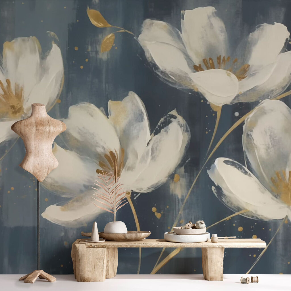 Witte bloemen met verfspatten — interieur 1