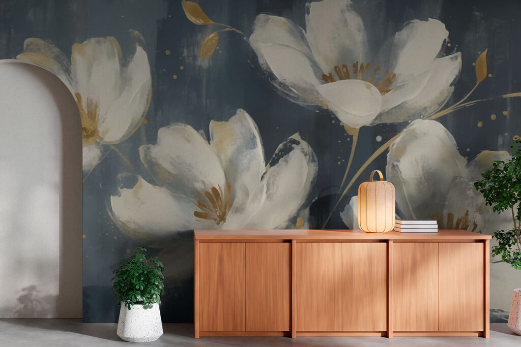 Witte bloemen met verfspatten — interieur 2